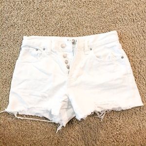 High waisted distressed white denim shorts